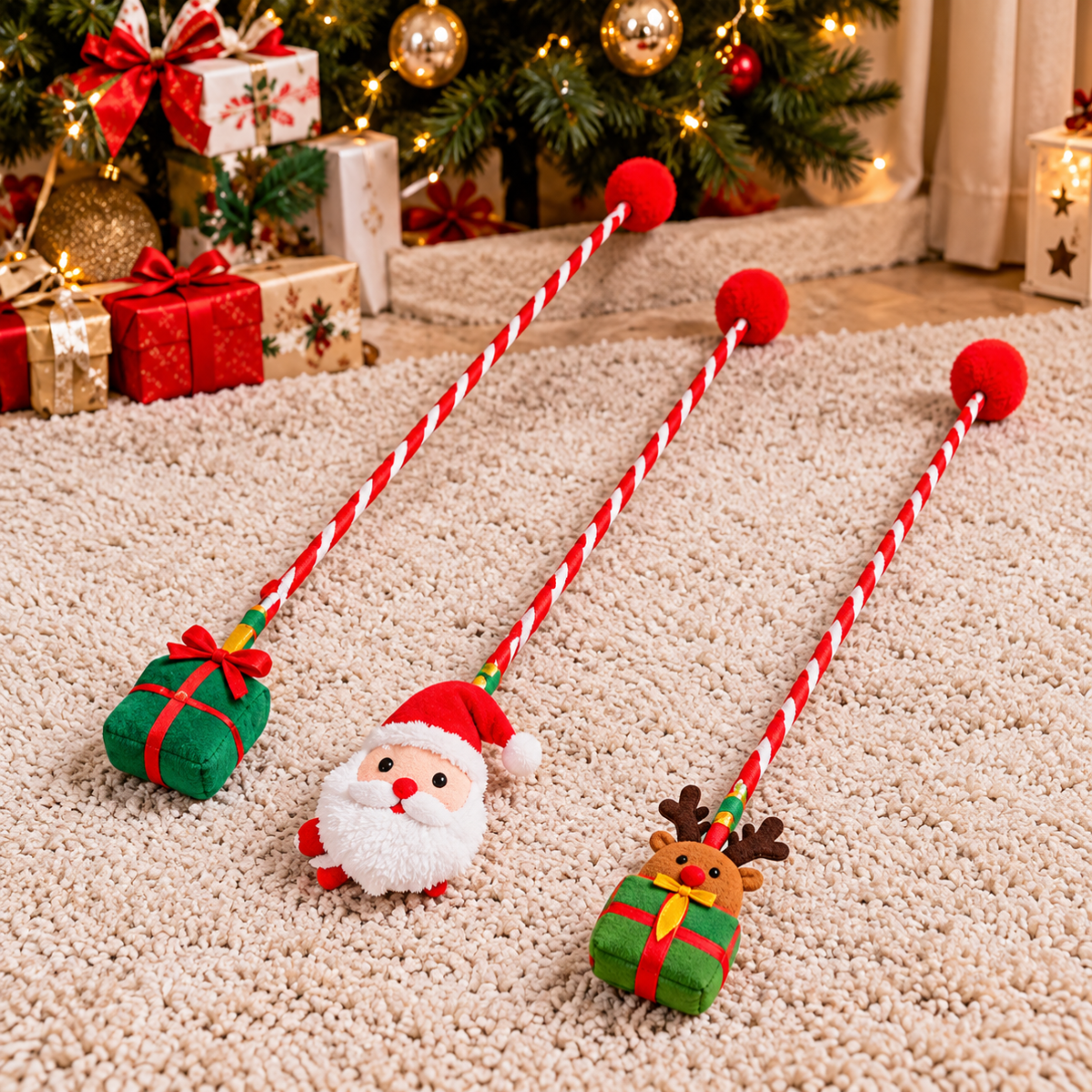 Three festive red-and-white Christmas cat wands with plush Santa and gift designs arranged on a soft cream carpet, with a decorated Christmas tree and wrapped presents in the background.