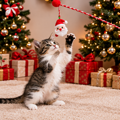 A gray and white tabby kitten stands on a beige carpet, reaching up to play with a Santa Claus hanging toy on a red-and-white striped wand. Two decorated Christmas trees and wrapped gift boxes are visible in the background.