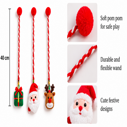 Three Christmas-themed hanging toys on red-and-white twisted cords with red pom-poms: a green gift, Santa face, and reindeer face.右侧 panels show close-ups of the pom-pom, flexible cord, and festive facial details with text describing them.